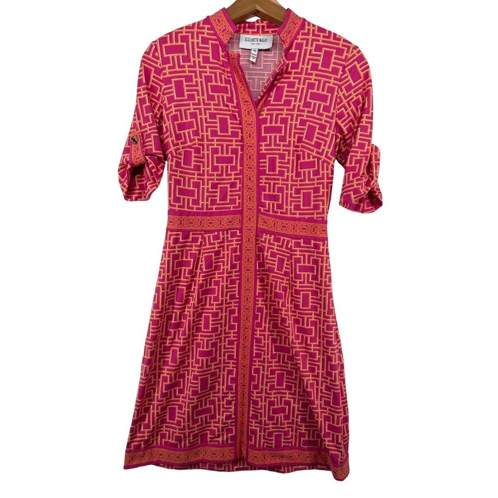 Elizabeth McKay Dress XS Pink/Orange Geometric Roll Tab Slv CareerWear Made USA